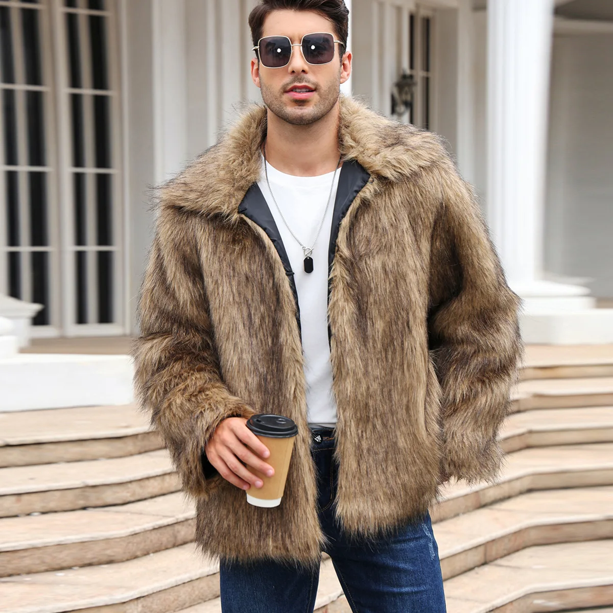 Down Jacket Packable - Hommes fausse fourrure de renard veste
